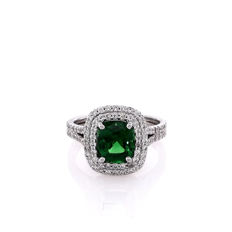 Affordable Elegance – Special Jewelry Sale Now Live Estate 14k White Gold Tsavorite Chip and Diamond Double Halo Split Shank & Gallery Ring