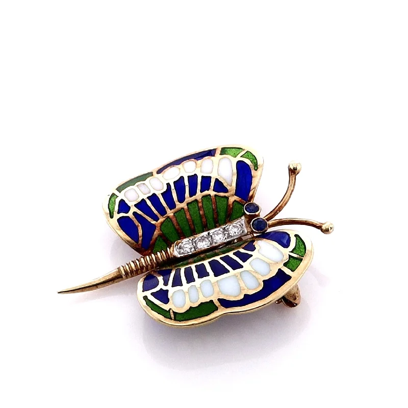 Grab Your Dream Jewelry At The Lowest Prices Estate 14k Yellow Gold 2 Round Sapphires and Diamond Enamel Butterfly Pin