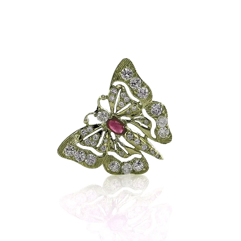 Trending Jewelry Now At Unbeatable Prices Estate 14k Yellow Gold Butterfly Diamond and Ruby Pin