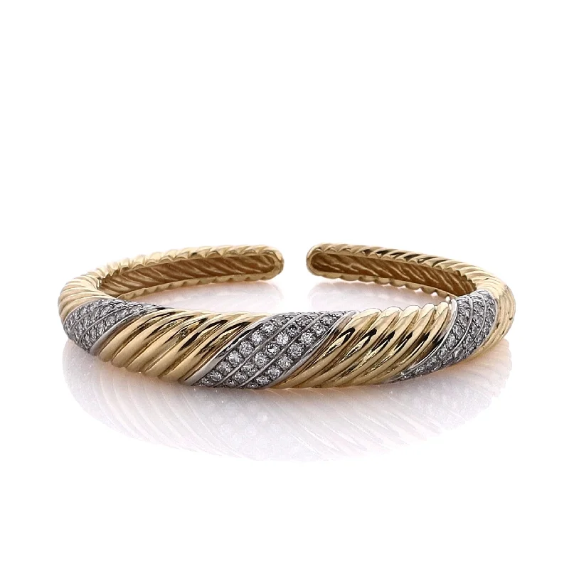 Jewelry Sale Alert – Shop Timeless Elegance Today Estate 18 Karat Two-Tone Hinged Ribbed Cuff Design Diamond Bracelet