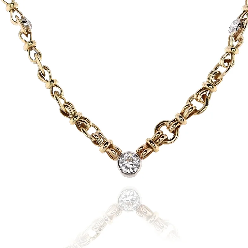 Luxury Jewelry Now At Special Promotional Rates Estate 18 Karat Two Tone White and Yellow Gold Bezel Set Diamond Necklace