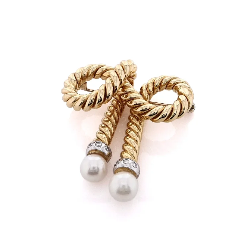 Shop Trending Jewelry With Exclusive Savings Estate 18 Karat Yellow Gold Knotted Rope Design Pearl and Diamond Pin