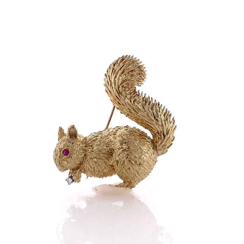 Limited-Time Jewelry Sale – Elegant Styles At Less Estate 18 Karat Yellow Gold Squirrel Brooch with Round Ruby Eyes and Diamond Nut