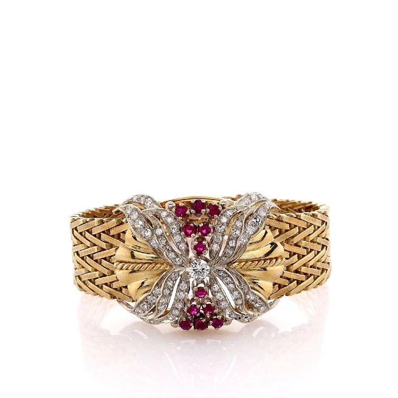 Seasonal Jewelry Sale – Upgrade Your Style Today Estate 18k Two-Tone Chevron Link Design Diamond and Ruby Bracelet