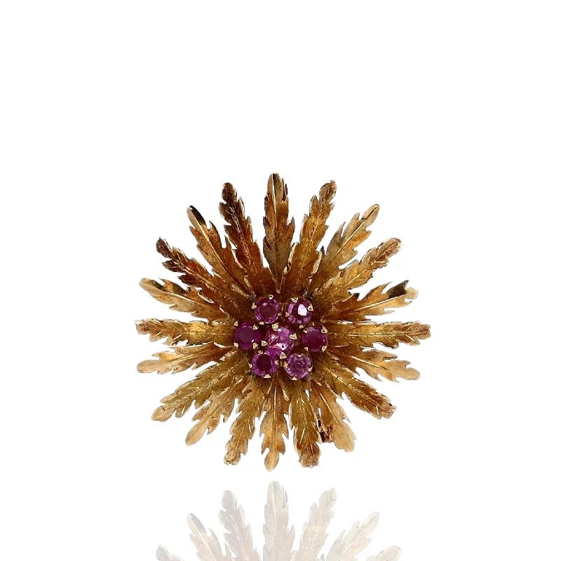 Chic And Stylish Jewelry At Exclusive Prices Estate 18k Yellow Gold Flower Spray Pink Sapphire Brooch