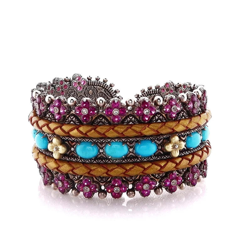 Versatile Layering Jewelry For Effortless Chic Estate Bixby Two Tone with Leather Braid Multi-Stone Cuff Bracelet