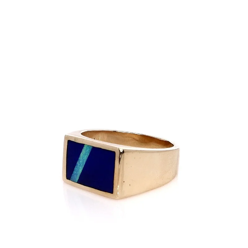 Exclusive Jewelry Bundles At Discounted Prices Estate Gents 14k Yellow Gold Rectangular Top 12x8mm Lapis and Opal Ring