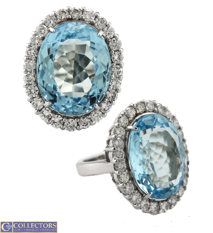 Jewelry Sale Bonanza – Grab Your Sparkle Now Exquisite 14K White Gold 26.92 CT Aquamarine Oval Cut Diamond Cocktail Ring