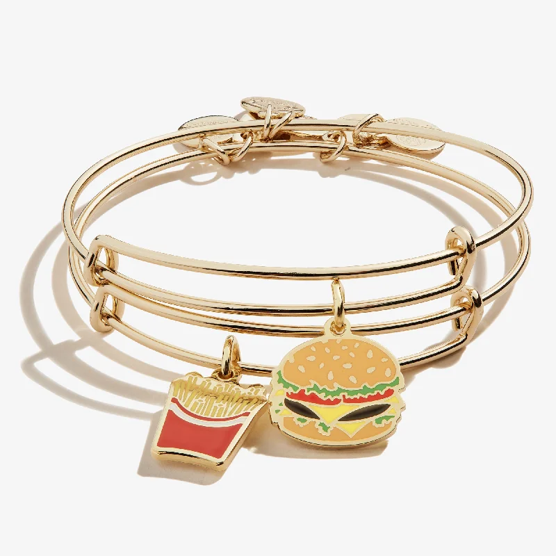 Delicate Crystal Jewelry For Sophisticated Charm Hamburger + Fry Charm Bangles, Set of 2