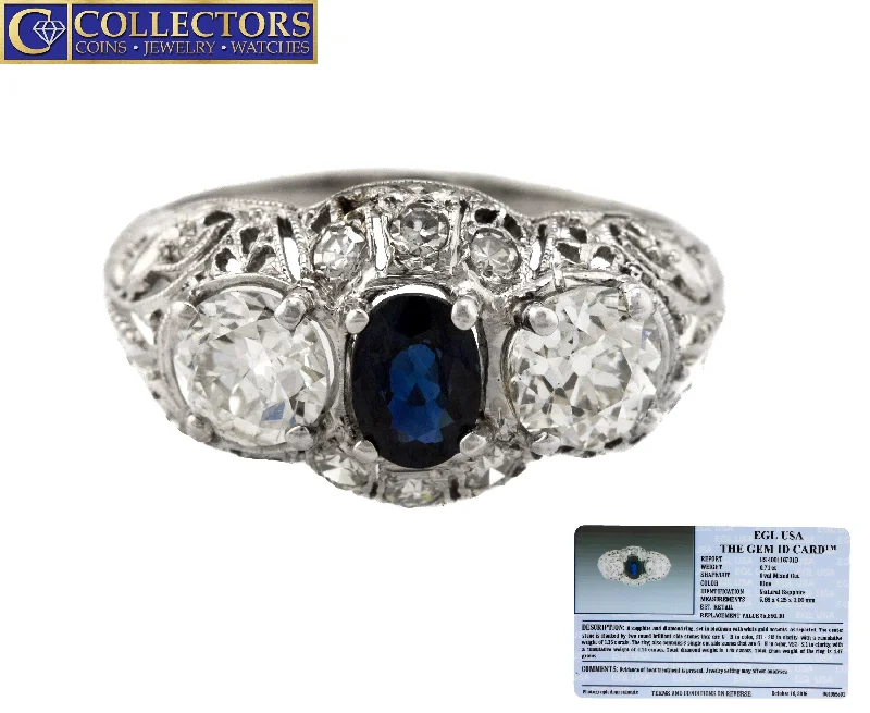 Unmissable Jewelry Clearance – Final Reductions Ladies Antique Art Deco Platinum 0.71 CT Blue Sapphire Diamond Filigree Ring EGL