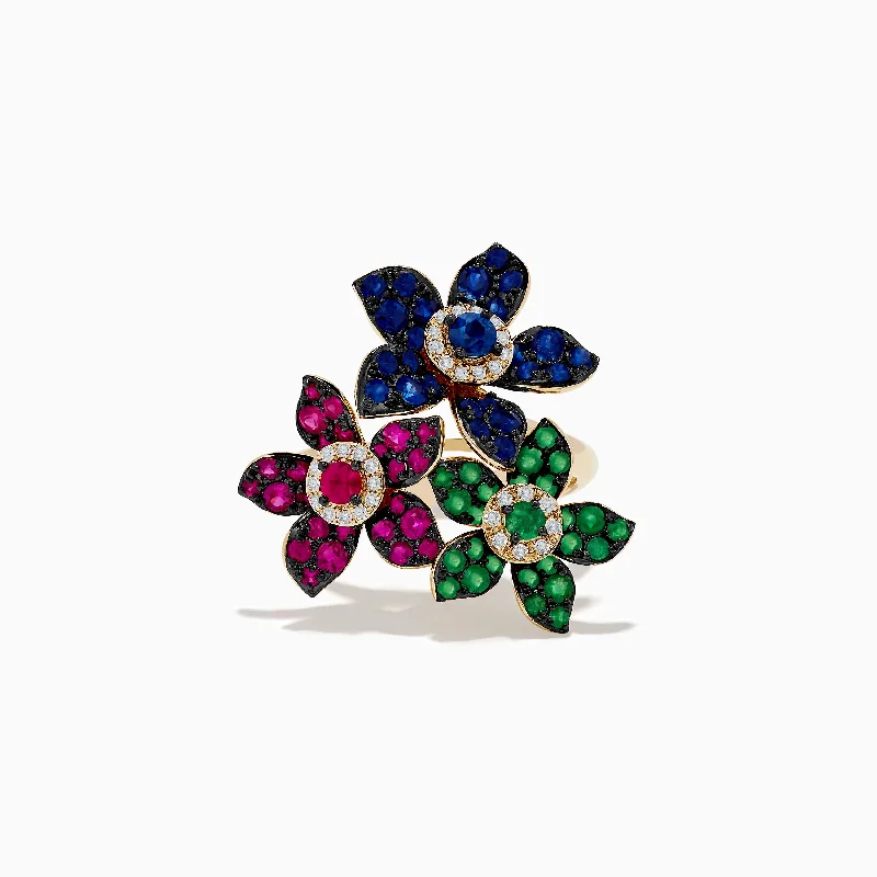 Exclusive Online Jewelry Sale – Don't Wait Nature 14K Yellow Gold Ruby, Sapphire, Emerald and Diamond Flower Ring