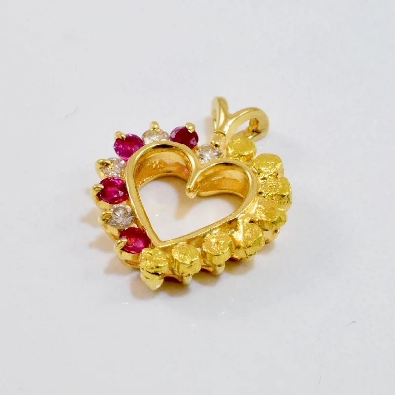 Ruby, Diamond, and Nugget Style Heart Pendant | 0.12 ctw |